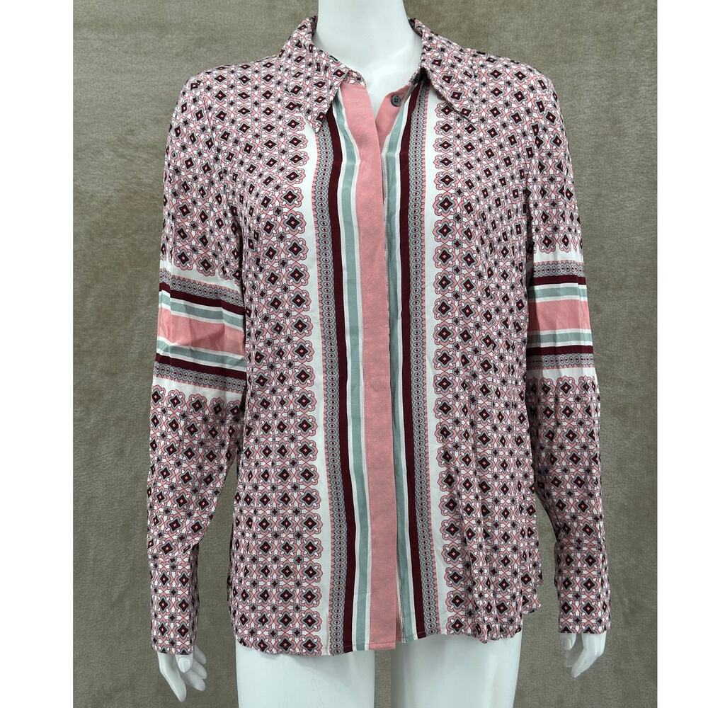 Boden Top Womens 10 Pink Burgundy Geometric Button Up Preppy Artsy Office Work